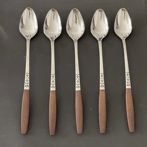 (5) EKCO Eterna EKS5 Stainless Iced Tea Spoons Faux Wood MCM Crisscross Pattern - Picture 1 of 3
