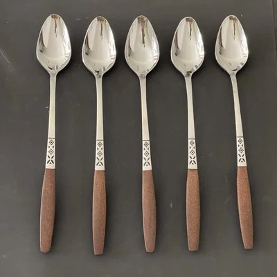 (5) EKCO Eterna EKS5 Stainless Iced Tea Spoons Faux Wood MCM Crisscross Pattern - Image 1 of 3