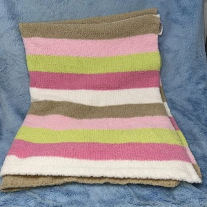 Carters Just One You Pink Green White tan Striped Chenille Baby Blanket - Picture 1 of 3