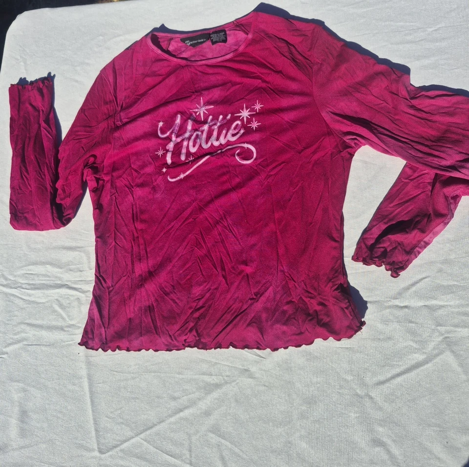 VINTAGE Y2K HOTTIE No Boundaries Long Sleeve Ruffle Edge Tie Dye Pink Lg - Image 1 of 4