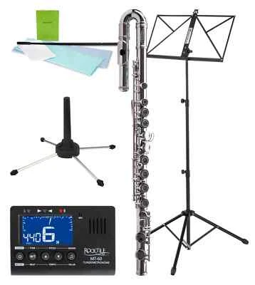 Flauto Traverso in Alpacca Nichel 16 Fori Testata Curva Set Custodia Supporto - Immagine 1 di 4