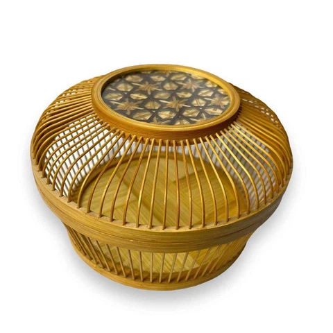 Vintage Asian Woven Bamboo Ratan Wicker Lucky Cricket Cage Basket Lid Boho Cover