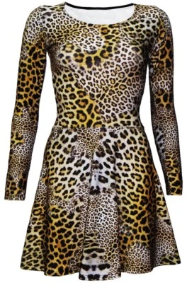 Classic Original Leopard Cheetah Animal Print Long Sleeve Skater Swing Dress - Image 1 of 3