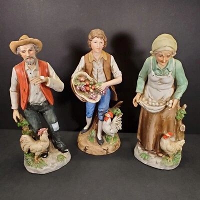 Homco Old Man Woman Boy Farmer Collecting Eggs Lady 10" Figurines Set Lot of 3 - Image 1 of 4