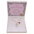 First Holy Communion Day Gift, Birthstone & Cross Necklace for Goddaughter etc