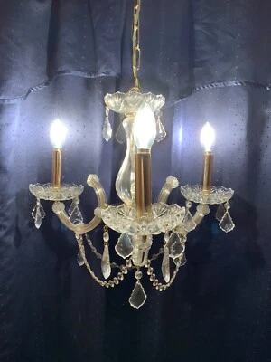 Small 3 Arm Light Petite Crystal/Glass Chandelier Spain Gold/Brass 18x14 - Image 1 of 4