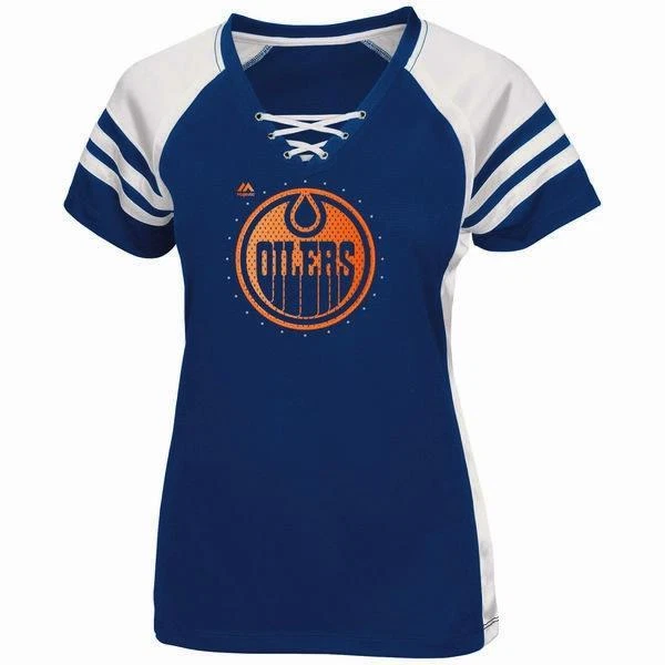 New Women's Edmonton Oilers Majestic Royal Blue Shimmer Lace Up Shirt Sz S $50 - Image 1 of 1