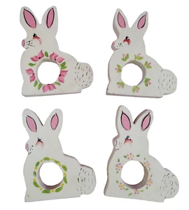 Servilleteros de Pascua Anillos Madera Conejo Conejo JUEGO DE 4 Blanco Rosa Pintado a Mano Granja - Imagen 1 de 7