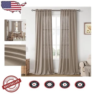 Country Rustic 102” Light Camel Linen Curtains - 2 Panel Rod Pocket Design - Picture 1 of 10