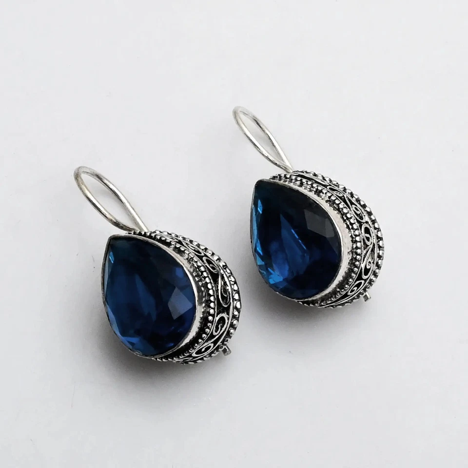 Brincos pendurados em gota de pedra preciosa tanzanita design antigo joias 1,4" AE-98060 - Imagem 1 de 1