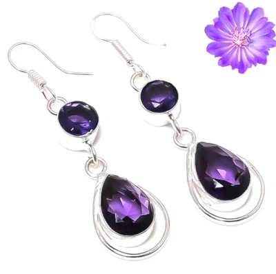 African Amethyst Gemstone Handmade 925 Sterling Silver Jewelry Earrings 1.90" - Image 1 of 4