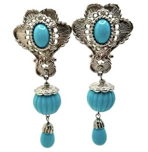 1991 JOSE MARIA BARRERA Faux TURQUOISE AMERICAN STYLE Clip EARRINGS 3 1/2” L NOS - Picture 1 of 4