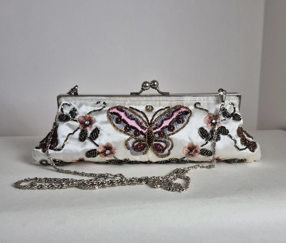 White Satin Beaded Embellished Butterfly Floral Clutch Evening Bag Party Chain - Image 1 of 4
