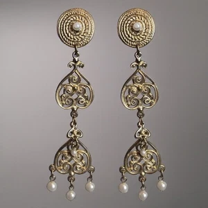 ✨ Pendientes de clip colgantes de perlas de filigrana vintage - tono dorado años 60 renacimiento barroco - Imagen 1 de 17