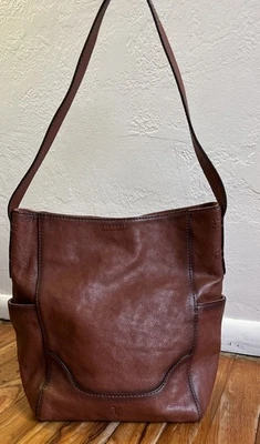 FRYE Cognac Genuine Leather Side Pocket Hobo Boho Shoulder Bag Purse - Image 1 of 4