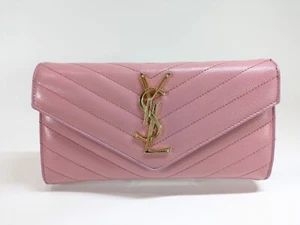 Saint Laurent Long Wallet Purse YSL Leather V stitch Pink Gold - Picture 1 of 22
