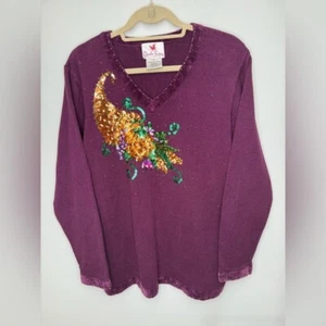 Vintage Quacker Factory Women's Cornucopia Sweater Sequins Beaded XL - Picture 1 of 6