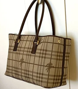 Burberry Haymarket Tote Shoulder Bag Brown / Beige Canvas / Leather Medium - Picture 1 of 11