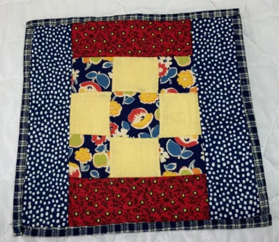 Vintage Patchwork Mini Quilt Table Topper Or Doll Quilt, Nine Patch, Navy, Red - Image 1 of 4