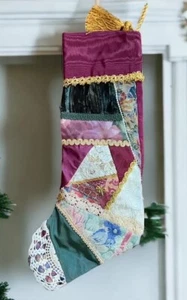 Vtg Patchwork Velvet Christmas Stocking 21” Green Floral Victorian Tapestry Red - Picture 1 of 8