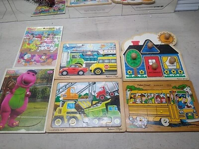Дошкольные деревянные пазлы лот из 5 форм и транспортных средств Melissa & Doug + Barney, автобус - Изображение 1 из 4
