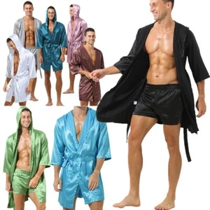 Mens Satin Silky Hooded Bathrobe Nightgown Belt Short Sleeve Pajama Sleepwear - Picture 1 of 65