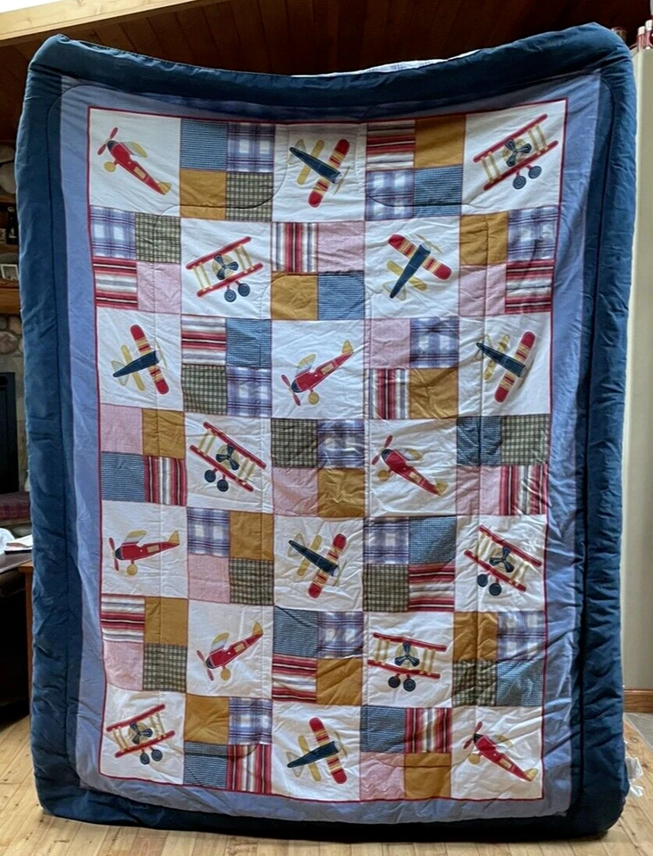 CANNON BRAND AIRPLANE TWIN SIZE COMFORTER BLUE CHECK REVERSIBLE CHILD KIDS - Image 1 of 4