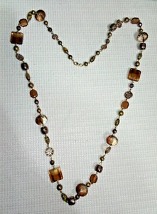 Lampwork Necklace Brown Glass 40" Vintage Shades Brown & Beige - Picture 1 of 4