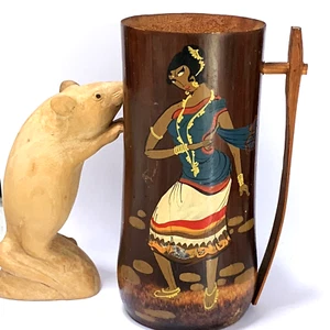 MCM Vintage  Tall BAMBOO MUG / STEIN 15cm- Tiki Bar Decor Hand-Painted Dancer - Picture 1 of 7