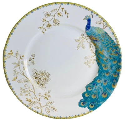 x4 222 Fifth Peacock Garden Dinner Plate Set Teal Golden Floral Scroll Porcelain - Image 1 of 4