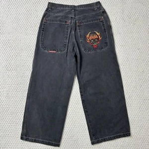 Original JNCO Black Jeans Tribal Skull Flames Rare HTF Y2K Wide 36x32 (34x31) - Picture 1 of 17