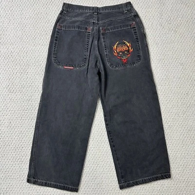 Pantalones de mezclilla negros originales JNCO tribales calavera llamas raros difíciles de encontrar Y2K ancho 36x32 (34x31) Foto 1 de 4