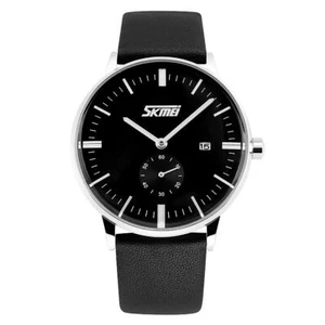 Skmei Mens Black Classic Watch Genuine Comfort Leather Strap Date Display SK9083 - Picture 1 of 7