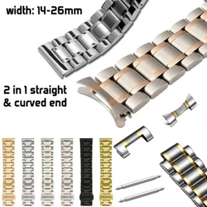 2in1 Flat Curved End Watch Band 12-24 22mm Stainless Steel Strap Butterfly Clasp - Picture 1 of 18