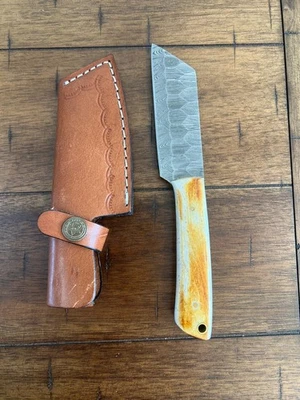 CUSTOM HANDMADE HAMMERED DAMASCUS BURNT BONE HANDLE TANTO LEATHER SHEATH 112/4 - Image 1 of 4