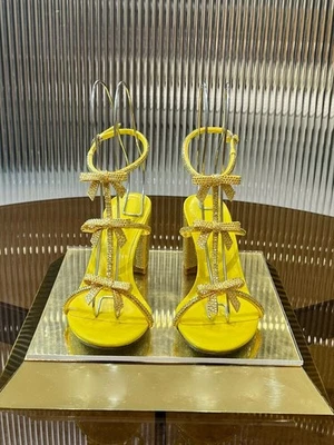 Womens Round Toes Bow High Heel Sandals Crystal Shoes Thick Heel Wedding Shoes - Image 1 of 4