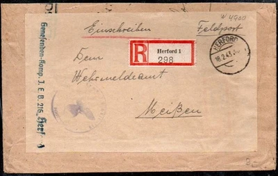 Feldpost WK II - mehrf. verwendet - Einschreiben HERFORD - MEISSEN mit SST #C543 - Bild 1 von 2