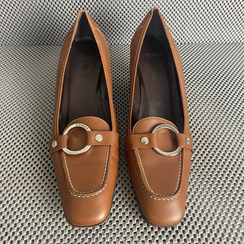 Coach Gattino Tacchi Donna 10 B Pelle Marrone Punta Quadrata Made In Italy