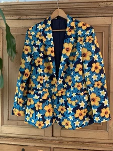 Anzug Mantel gelb blau Blumen Blazer-Revers Kleid Hawaii Party Jacke-Herren M-Neu ohne Etikett - Bild 1 von 10