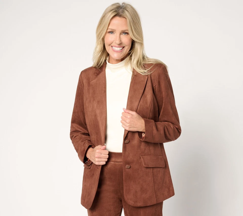 Isaac Mizrahi Live! Regular Estate Faux Scube Suede Blazer Clove L New - Image 1 of 1