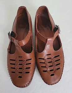 Vtg Dexter Brown Leather Woven T-Strap Mary Jane "Walkmocs" - Women's Size 7 M - Picture 1 of 9