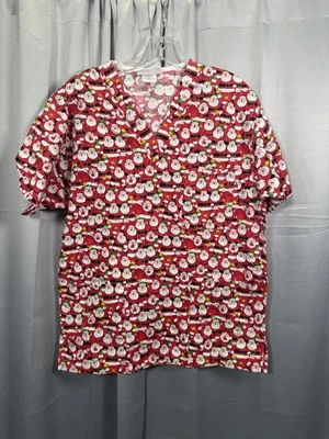 Peaches Uniforms Scrub Top Womens Large Red Santa Christmas V-Neck Nursing Print - Image 1 of 4