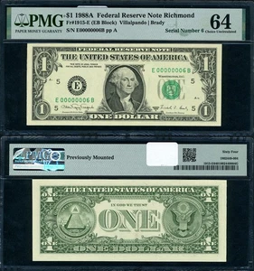 FR. 1915 E $1 1988-A Federal Reserve Note E00000006B Serial #6 PMG Choice CU64 - Picture 1 of 3