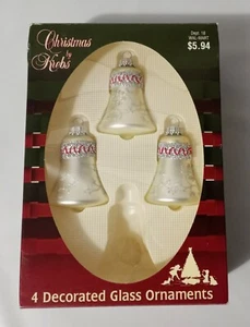 3 Vintage Weihnachten von Krebs weiße Glas Glocken Ornamente mit silbernem Glitzerband Borte - Bild 1 von 12