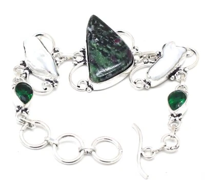 925 Sterling Silver Ruby IN Zoisite & Chrome Gemstone Jewelry Bracelet Size-7-8" - Image 1 of 2
