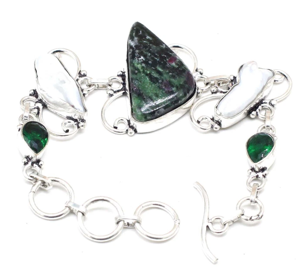 925 Sterling Silver Ruby IN Zoisite & Chrome Gemstone Jewelry Bracelet Size-7-8" - Image 1 of 2