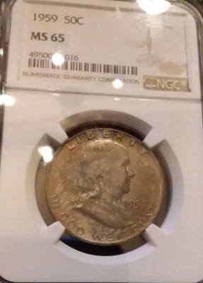 1959 NGC MS65 FRANKLIN HALF  *** GEM BU DEEP OBV TONE & BLAST WHITE REV *** - Image 1 of 2