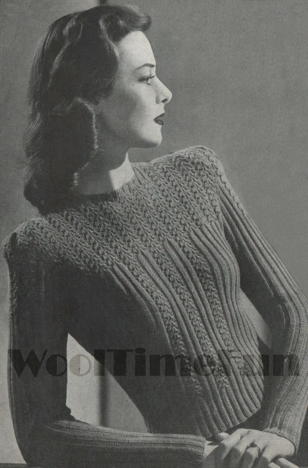 Knitting Pattern Ladies Vintage 1940s Patterned Rib Jumper. Long & Short Sleeves - Image 1 of 1