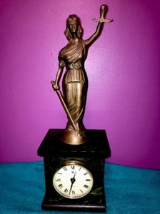 Lady Justice Bey-Berk Bronze Quartz Mantle Desk Table Clock Missing Scale Marble - Picture 1 of 12
