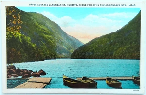 Adirondack Mountains New York cartolina vintage lino barca lago Keene Valley Dock - Foto 1 di 2